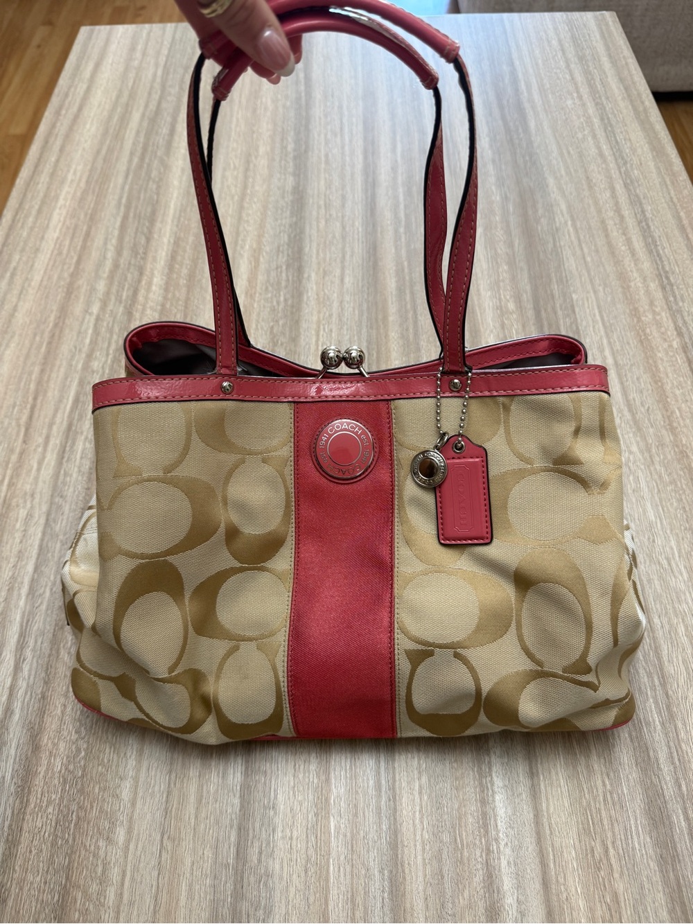 Y2K Coach Carryall Satchel Bag in Signature Canvas Khaki and Pink F19190